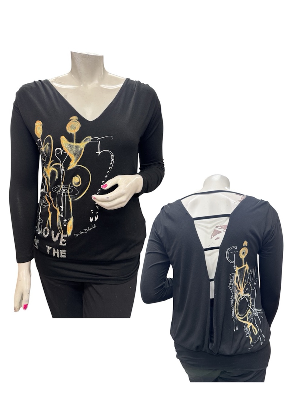 Black V-Neck Long Sleeve Top with Gold Graphic and Open Back Strap Detail